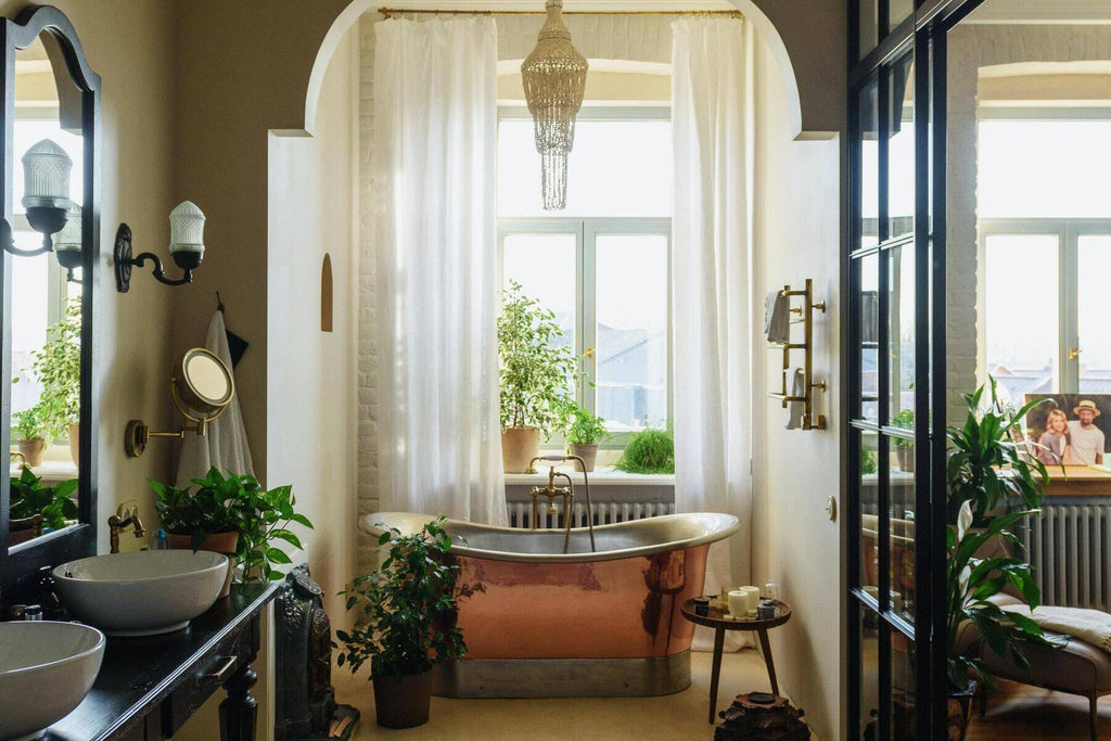 A copper tub in an beautiful bathroom oasis