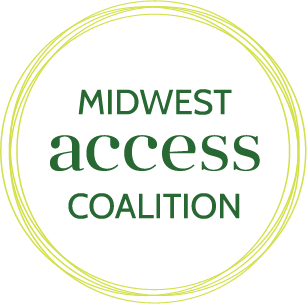 Logo with green text reading Midwest Access Coalition surrounded by overlapping green and yellow circular lines on a white background.