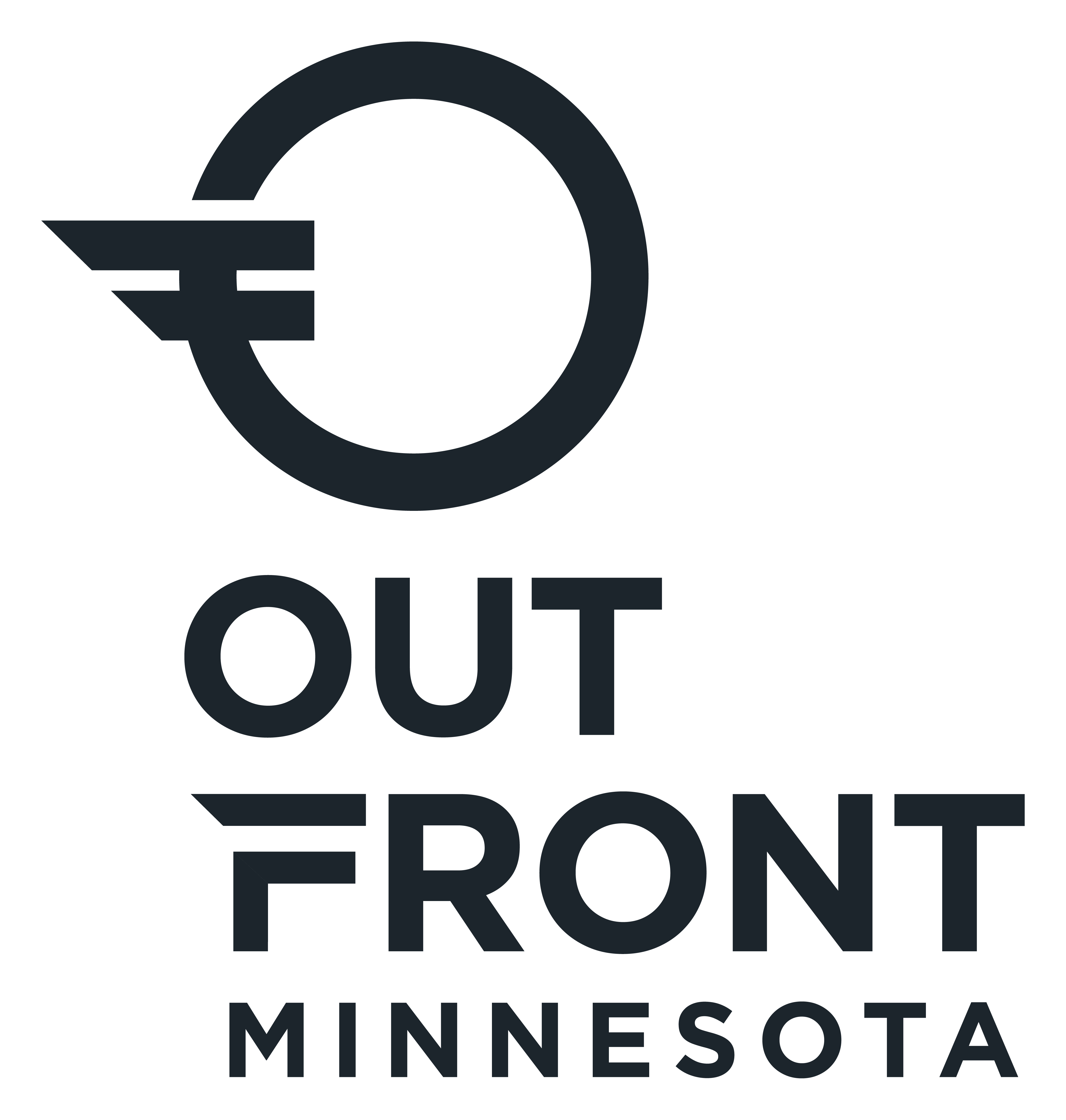 OutFront Minnesota logo with a stylized O and lines, above the words OUT FRONT MINNESOTA in bold, uppercase letters.