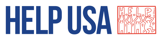 The image shows the text HELP USA in bold blue letters next to a red square featuring stylized human figures and the word HELP in a graphic font.