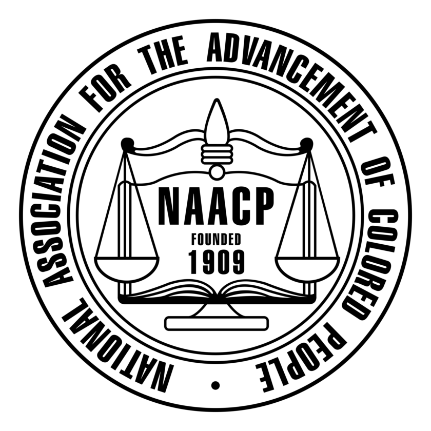 Black and white circular NAACP logo featuring scales of justice, an open book, and the text “NAACP Founded 1909” in the center, with “National Association for the Advancement of Colored People” around the border.