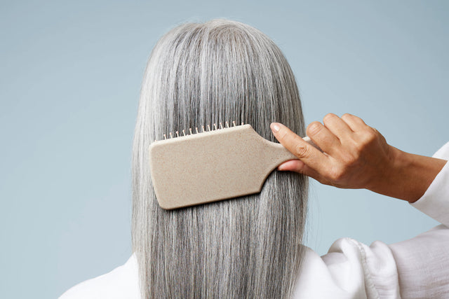 A brush combs through long, straight gray hair