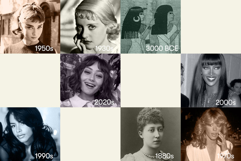 Collage of different bangs styles throughout history