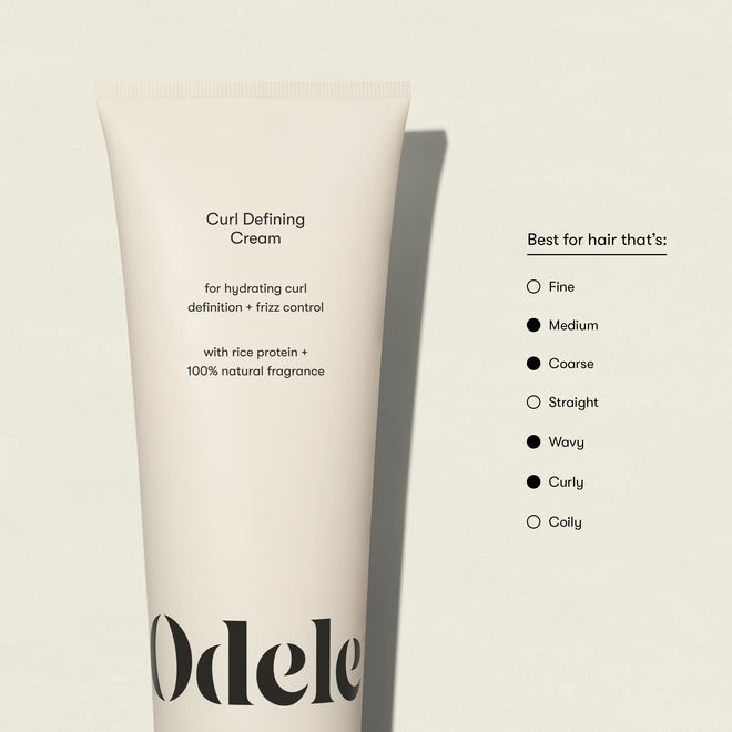 A tube of Curl Defining Cream stands upright on a light background. Next to it, a list notes this styler is ideal for medium, coarse, wavy, curly, and coily hair types seeking frizz-free curls.