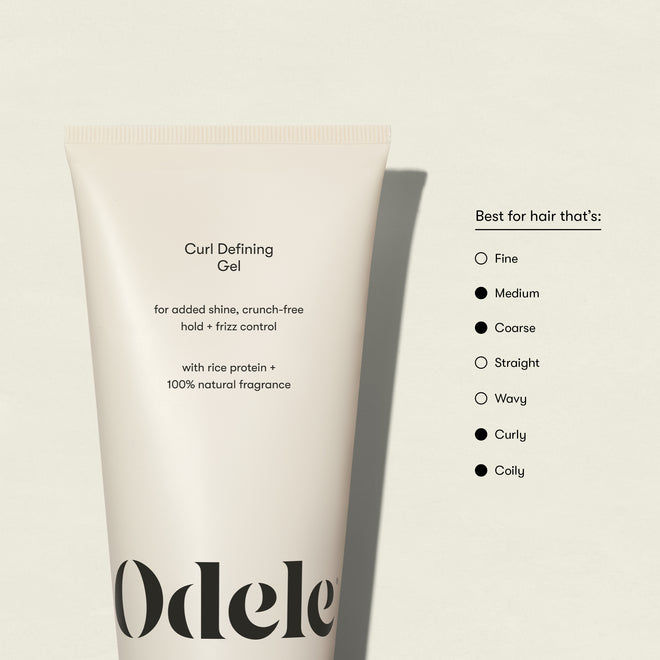 A tube of Curl Defining Gel is shown against a light background. Text highlights its frizz control and glossy finish, noting this gel works best for coarse, wavy, curly, and coily hair types.