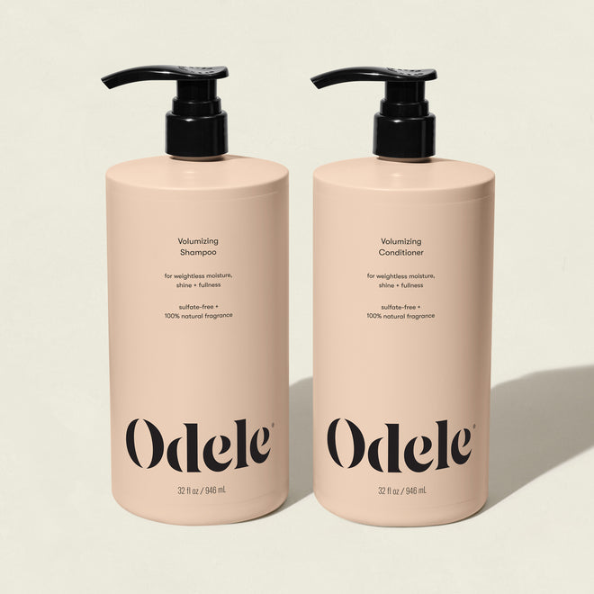 The Volumizing Duo Bulk includes two beige 32 fl oz bottles with black pumps, delivering max volume. This sulfate-free pair uses 100% natural fragrance for elevated hair care.