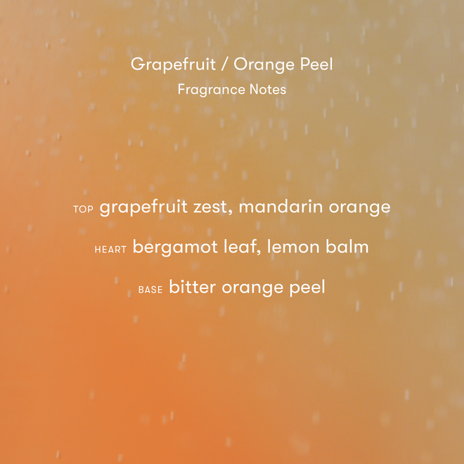 Hair + Body Mist fragrance notes on an orange gradient background: top notes of grapefruit zest and mandarin orange, heart notes of bergamot leaf and lemon balm, with a base note of bitter orange peel.