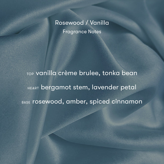 A soft blue silky fabric background with white text describing Hair + Body Mist scent notes: sweet top notes of sugar cookies and vanilla crème brûlée, a heart of bergamot stem and lavender petal, finished with rosewood, amber, and spiced cinnamon.