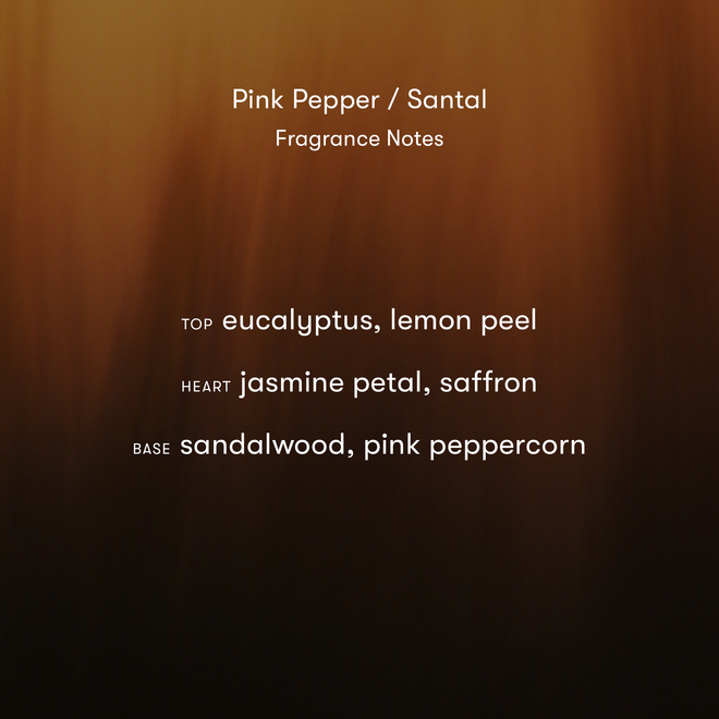 A gradient brown background evokes a wood-burning sauna. Text lists fragrance notes for Hair + Body Mist: Top—eucalyptus, lemon peel; Heart—jasmine petal, saffron; Base—sandalwood, pink peppercorn. Title reads Pink Pepper / Santal Fragrance Notes.
