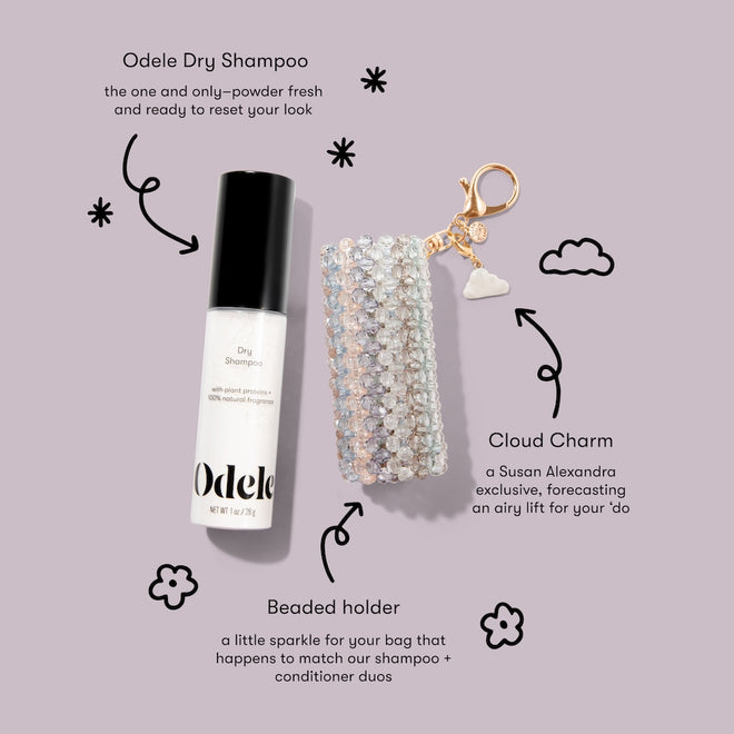 The Touch-Ups To Go Bundle, featuring Odele Dry Shampoo, a sparkly beaded holder, and a cloud-shaped charm, is displayed on a lavender background with text and doodles highlighting each item.