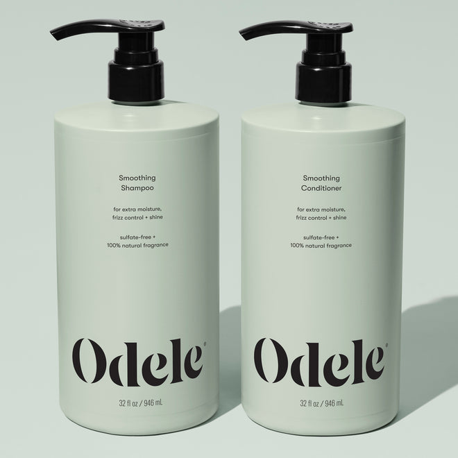 The Smoothing Duo Bulk includes two 32 oz mint-green Odele bottles with black pumps: Smoothing Shampoo and Conditioner. Both are sulfate-free, control frizz, add moisture, enhance gloss, and feature 100% natural fragrance.
