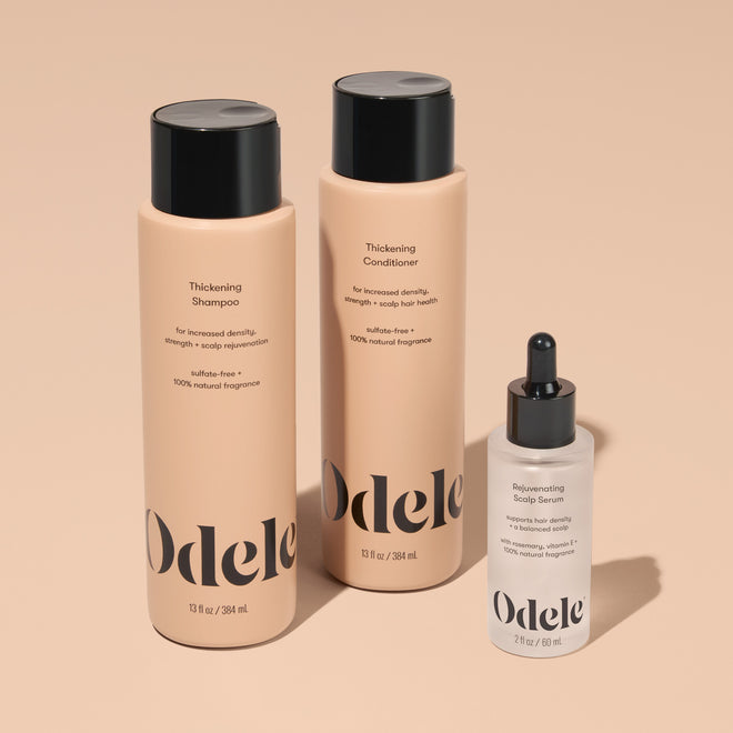 The Odele Beauty Thickening Set is displayed standing upright on a plain light orange background.