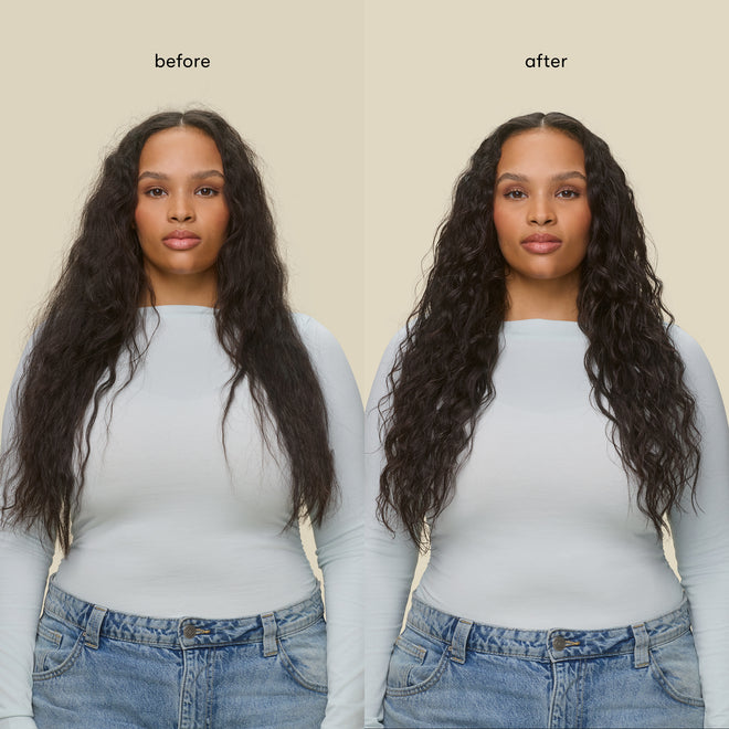 Side-by-side photos show a woman with long, wavy hair in a light blue top and jeans. The right "after" photo displays defined, frizz-free curls achieved with Curl Defining Cream’s hydrating formula.