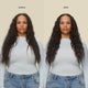Side-by-side photos show a woman with long, wavy hair in a light blue top and jeans. The right "after" photo displays defined, frizz-free curls achieved with Curl Defining Cream’s hydrating formula.