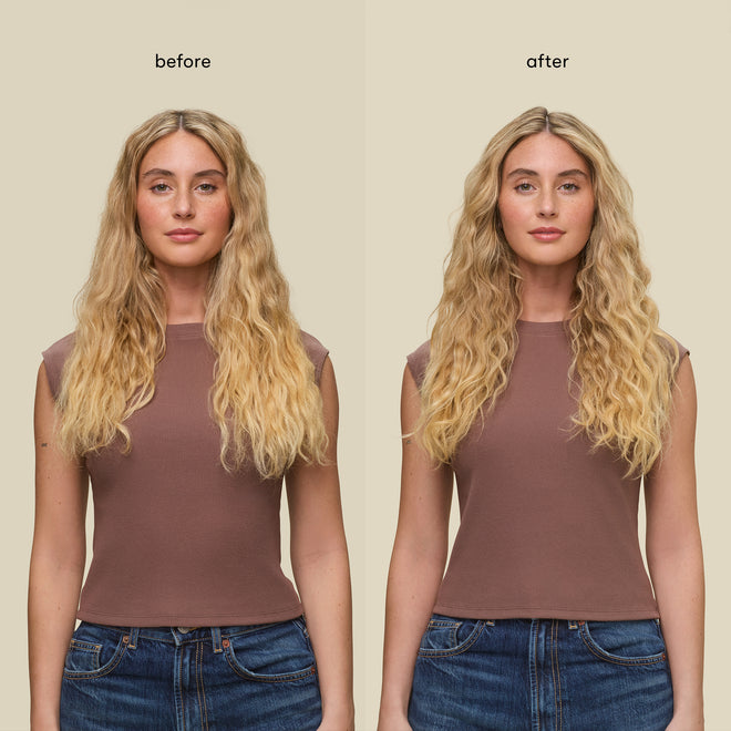 Side-by-side comparison of a woman before and after; both images show her with long, wavy blonde hair in a brown sleeveless top and jeans. After using Curl Defining Foam, her hair appears smoother, more defined, and frizz-free.
