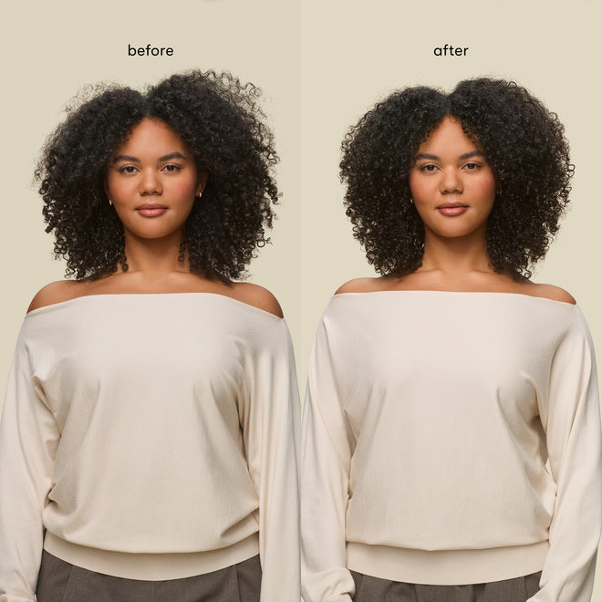 Side-by-side images show a woman with curly hair, labeled "before" and "after." Her curls are more defined and less frizzy in the "after" photo after using Curl Defining Gel for a glossy finish. She wears an off-shoulder cream top.