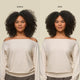 Side-by-side images show a woman with curly hair, labeled "before" and "after." Her curls are more defined and less frizzy in the "after" photo after using Curl Defining Gel for a glossy finish. She wears an off-shoulder cream top.